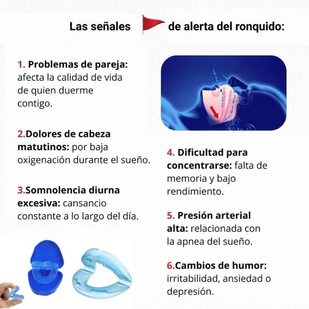 CalmBlue es el protector bucal 2 en 1 que reduce los ronquidos y previene el bruxismo mientras duermes.